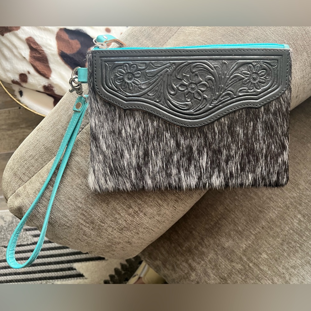 Faux Leather & Cowhide Tooled Turquoise Wristlet